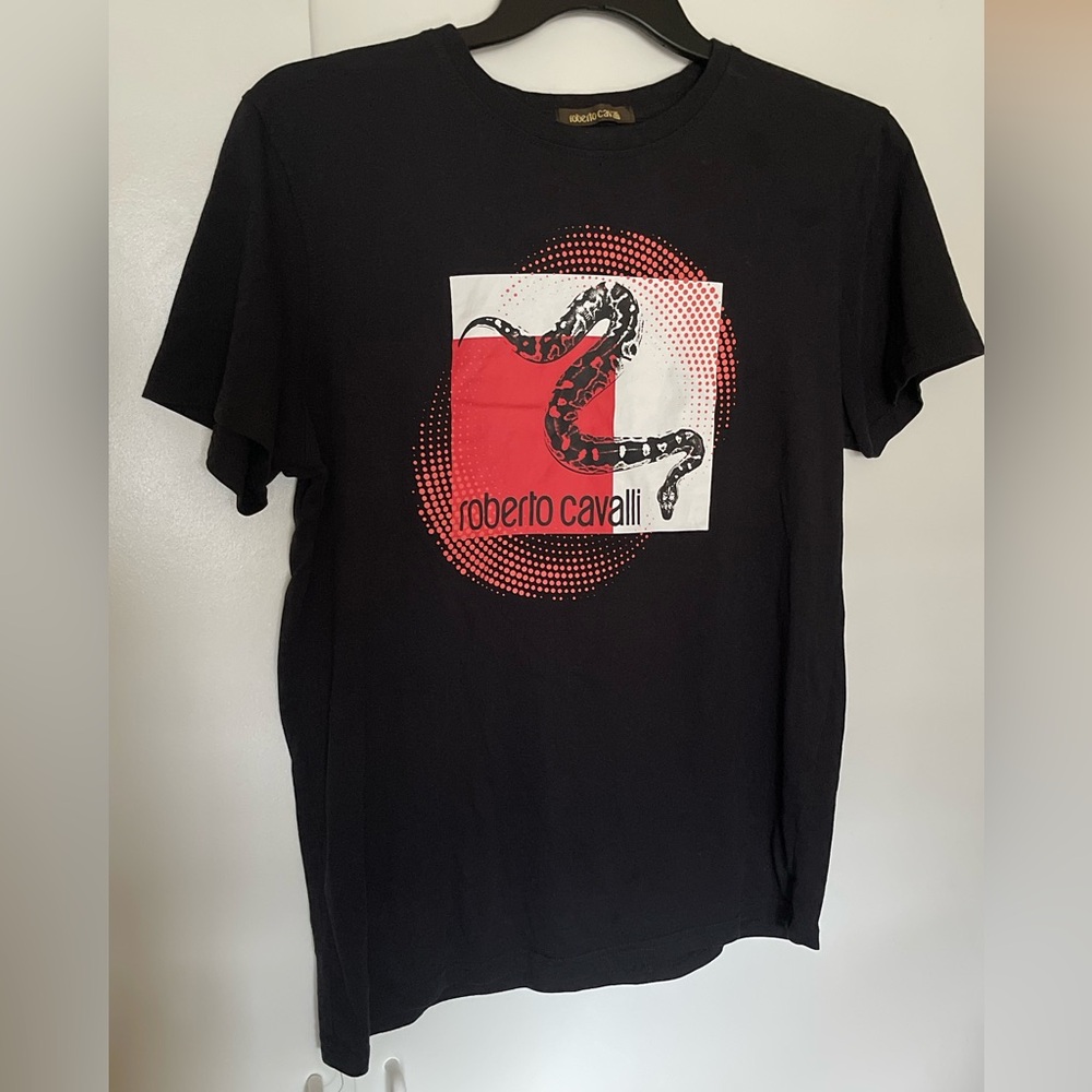 Roberto Cavalli black snake red graphic short sleeve crew neck mens shirt Sz L